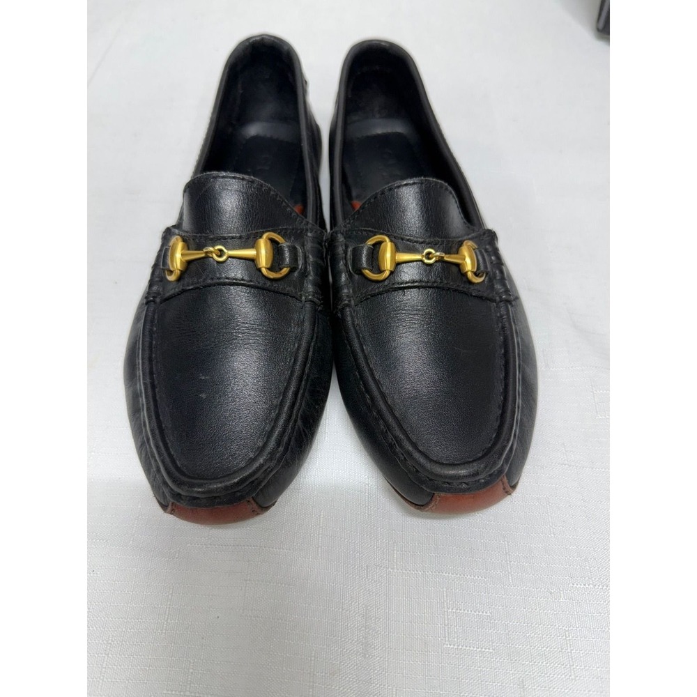 Gucci Womens Black Leather Horsebit Loafers Gold Hardware 1000322 Size 4.5M
